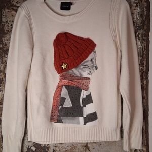 Cliche Cream/ White 3D Knit Sweater Cat with Red Hat Graphic Size Large
